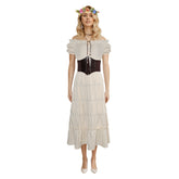Women Renaissance Apricot Long Dress 5 Piece Set Cosplay Outfits Halloween Carnival Suit